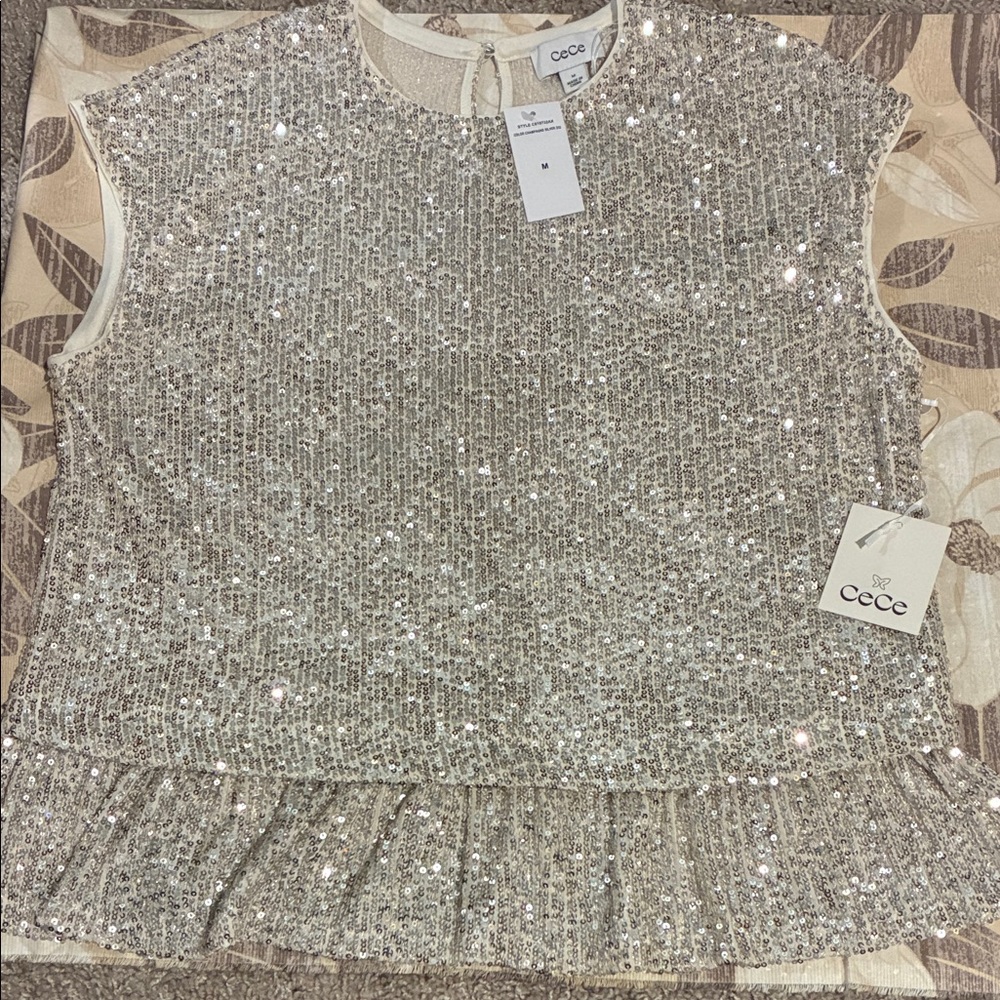 CeCe Sparkling Silver Sequin Blouse